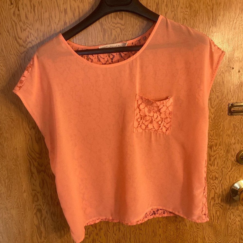 M4EO Lace Back Sheer Top- Pink- Size S